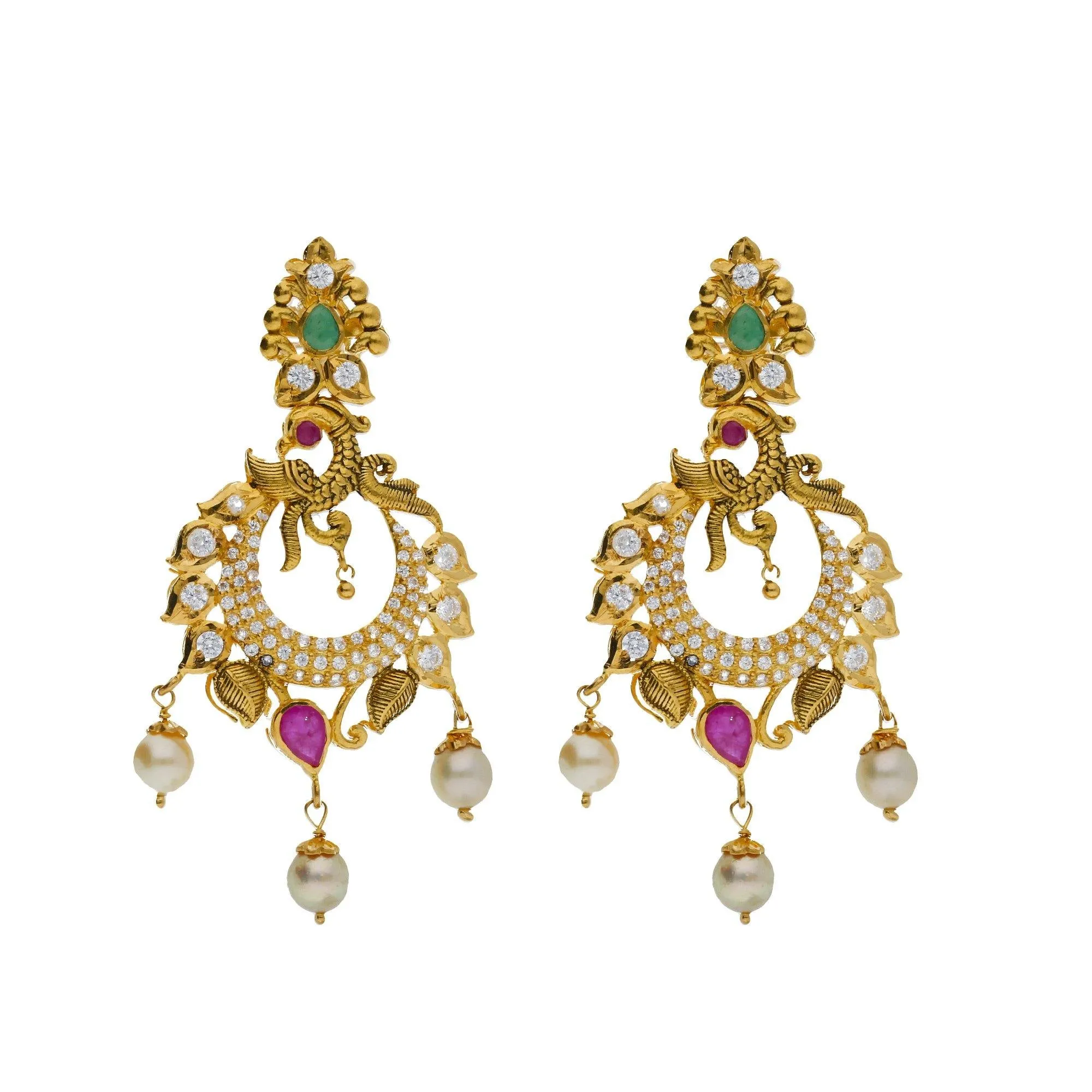 22K Yellow Antique Gold 2-in-1 Choker/Vanki & Chandbali Earrings Set W/ Emerald, Ruby, CZ, Pearls & Open Starburst Design