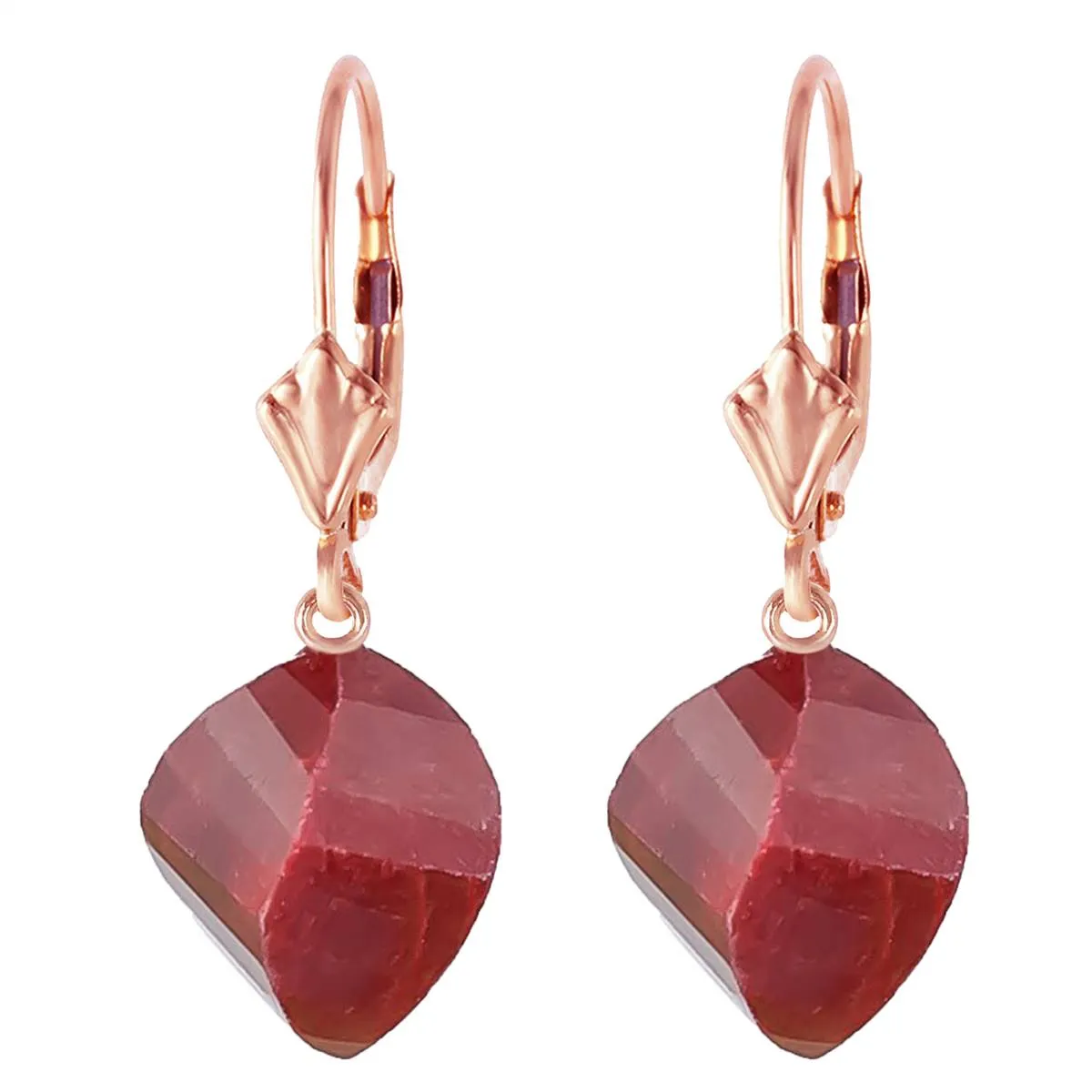 30.5 Carat 14K Solid Rose Gold Leverback Earrings Twisted Briolette Ruby