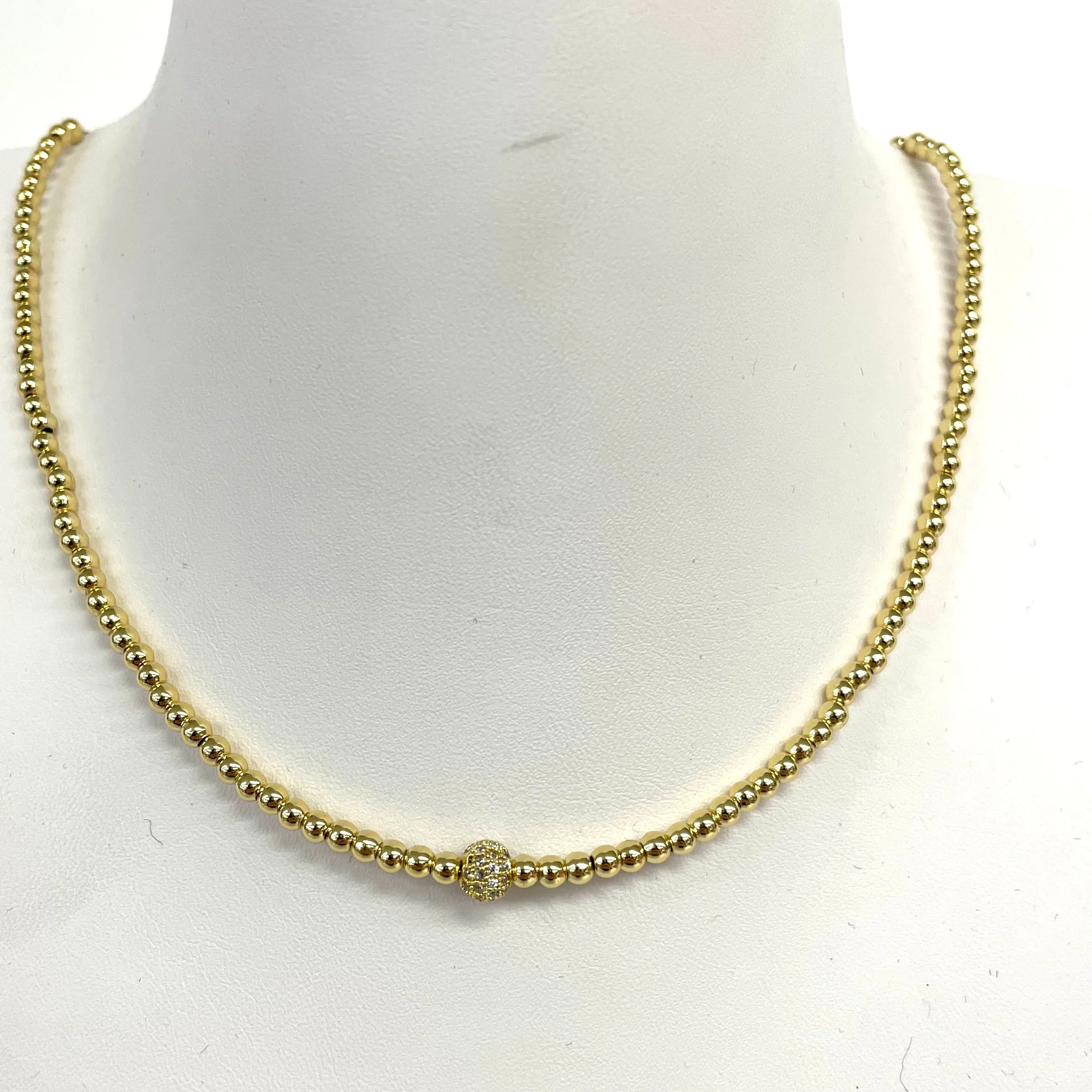 3MM Brass Beaded Ball With Pave Ball Necklace