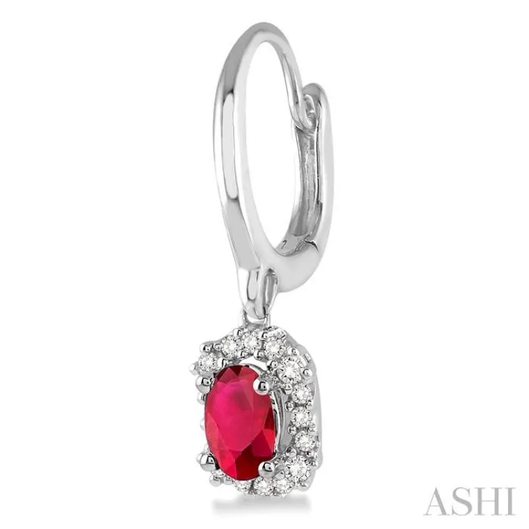 5x3 MM Oval Cut Ruby and 1/6 Ctw Round Cut Diamond Earrings in 14K White Gold