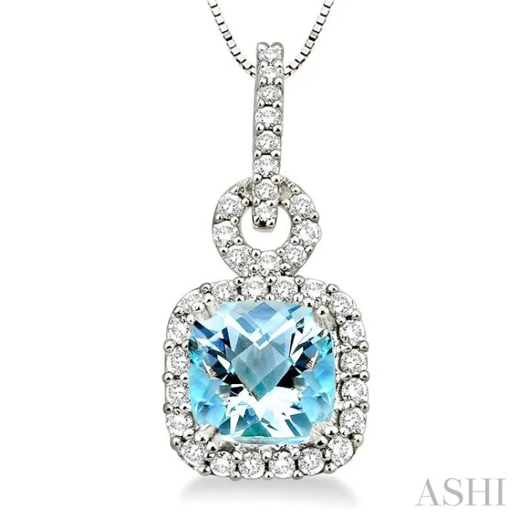 7mm Cushion Cut Aquamarine and 3/8 Ctw Round Cut Diamond Pendant in 14K White Gold with Chain