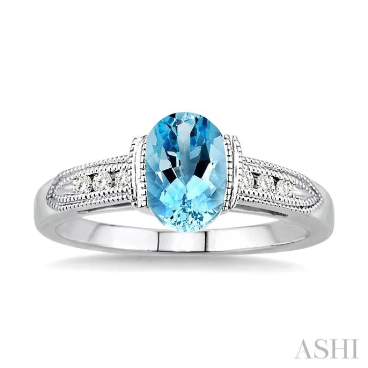 8x6 MM Oval Shape Aquamarine and 1/10 Ctw Diamond Ring in 14K White Gold