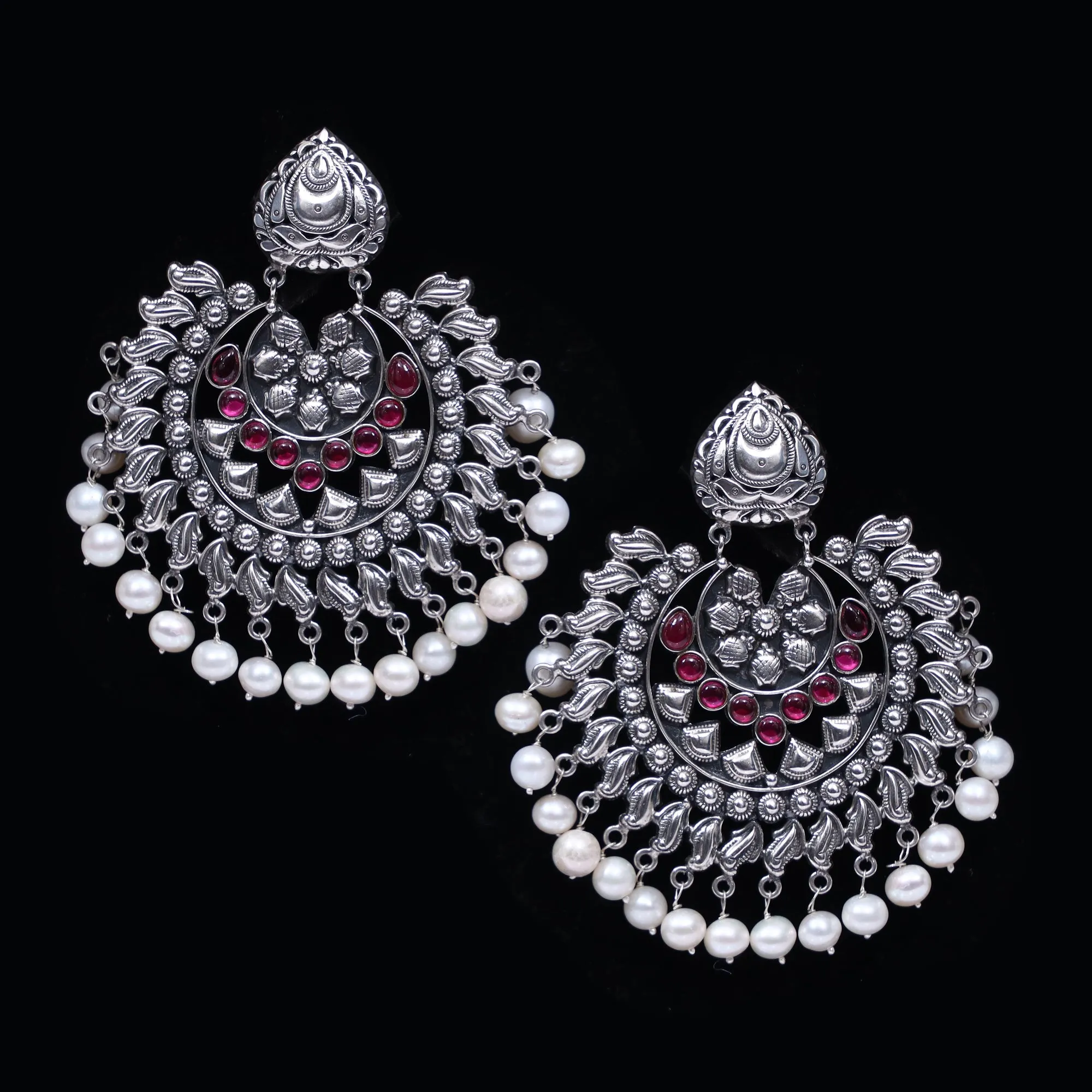 925 Silver Handmade Earring With Ruby Color Stone and Fresh Water Pearls Hanging