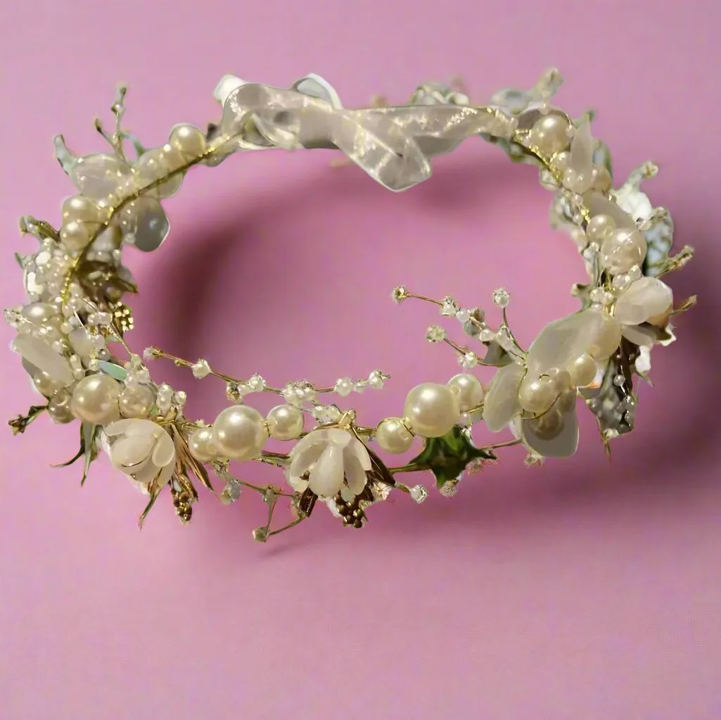 A bride bridesmaid Flower Crown Of faux Pearls And Crystal Flowers