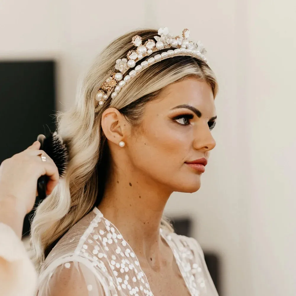 A'el Este - Sophia - Bridal Pearl & Crystal Headpiece - Gold