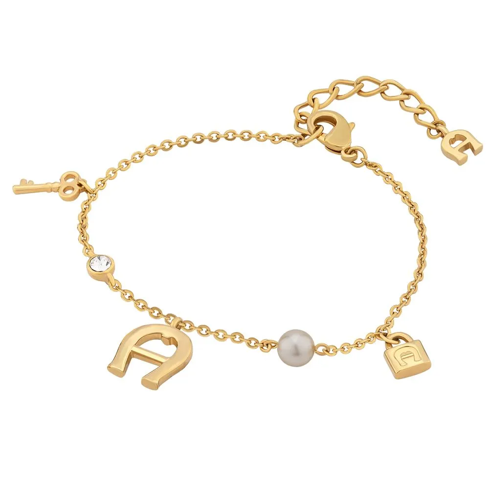 Aigner Bracelet Gold Plated Bon Voyage / Pearl With Lock & Key Charms Design