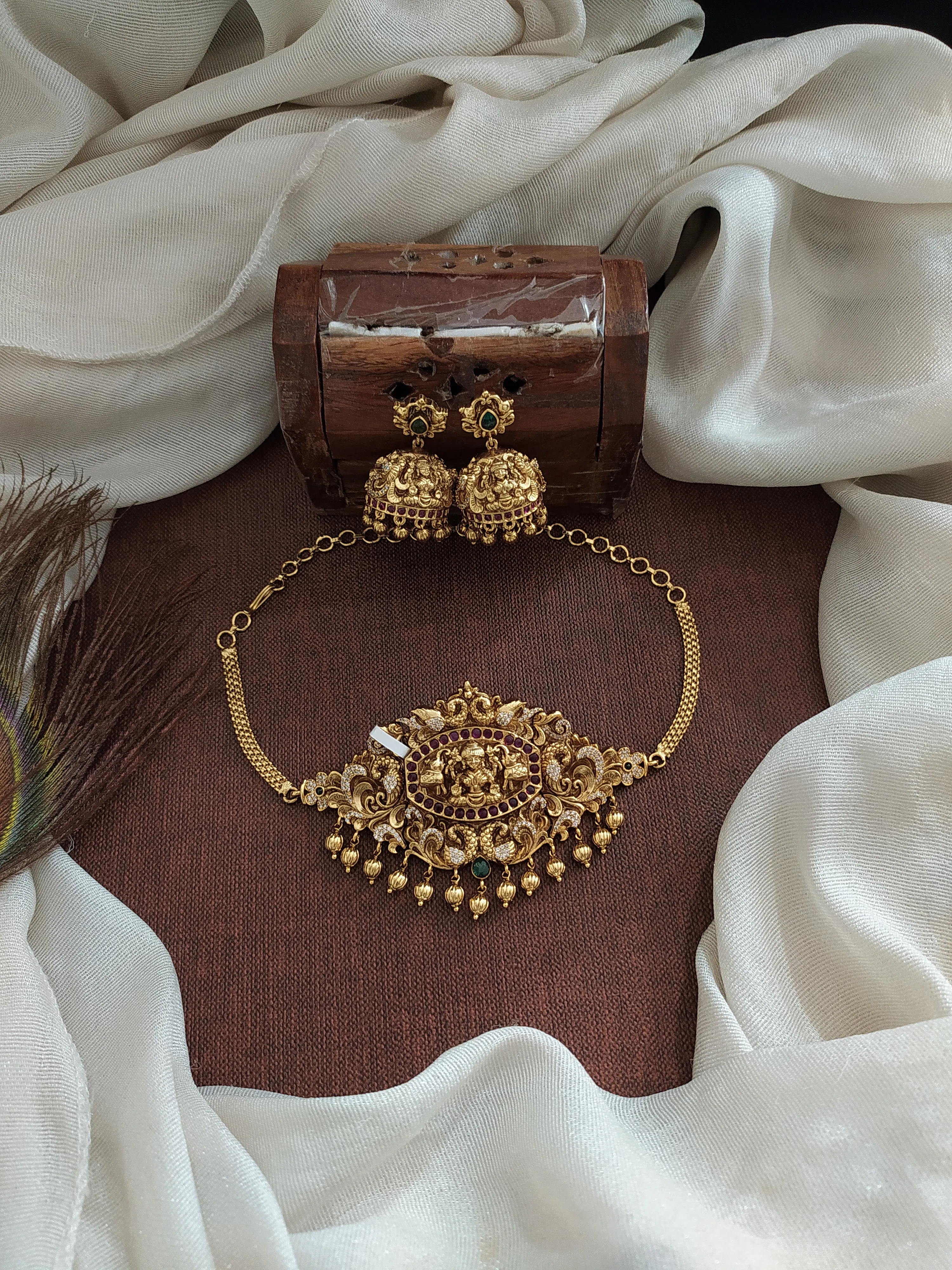 Antique Simple Lakshmi Choker Set with Matching Jhumki - Nakshi Work and Zircon Stones