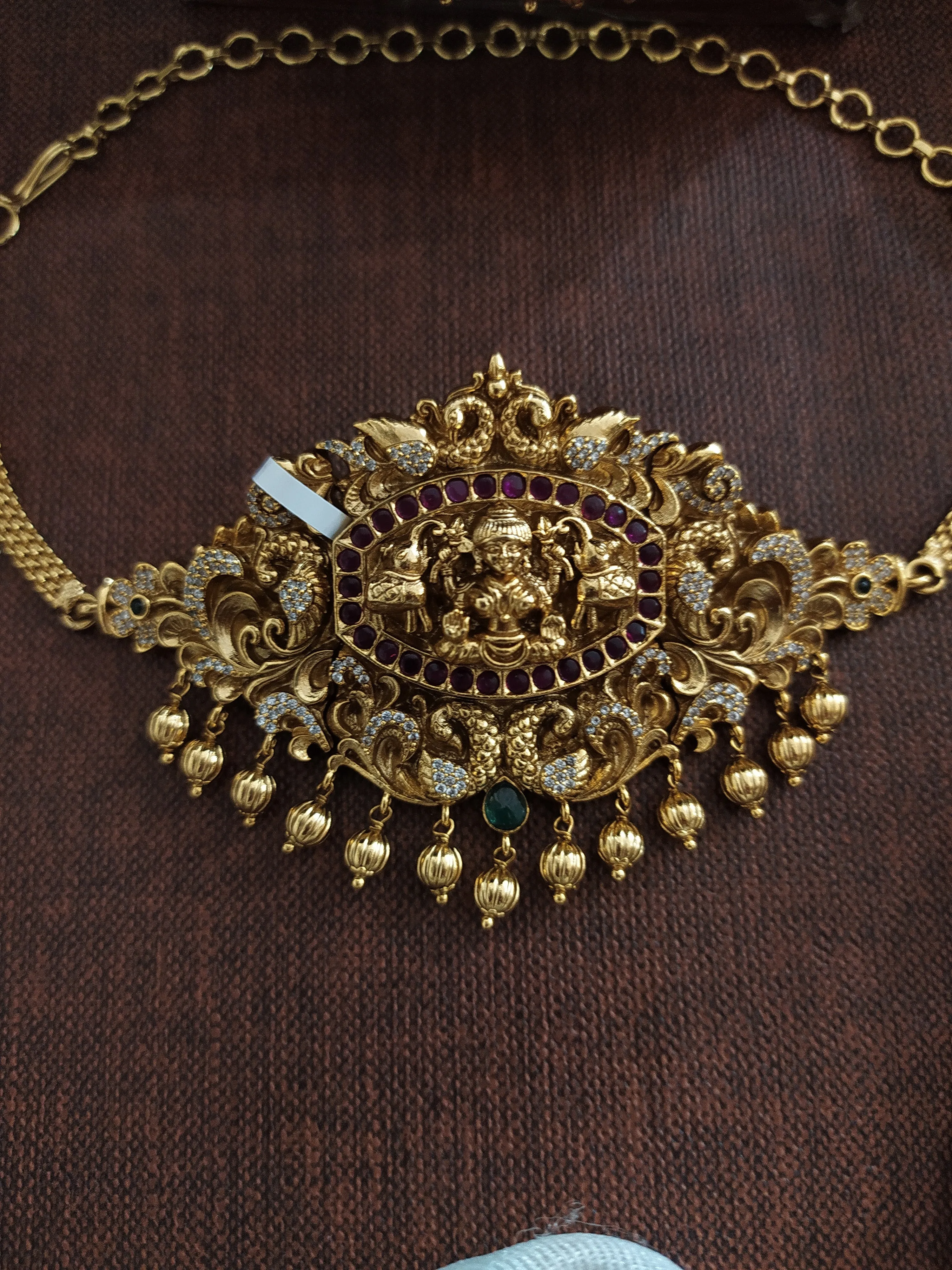 Antique Simple Lakshmi Choker Set with Matching Jhumki - Nakshi Work and Zircon Stones