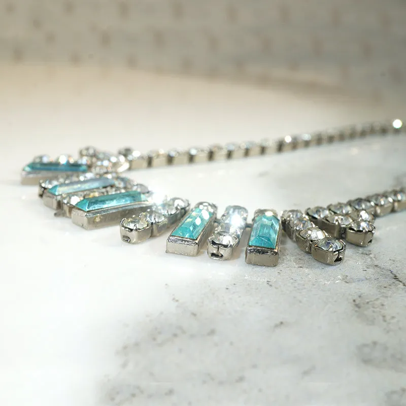 Aqua Baguette & Round White Rhinestone Fringe Necklace