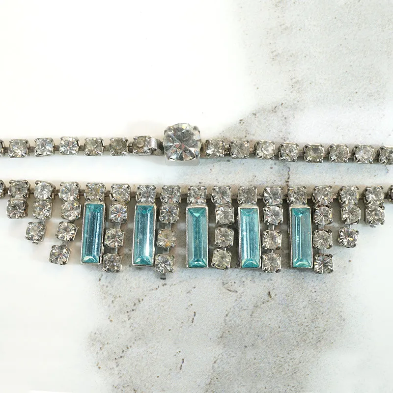 Aqua Baguette & Round White Rhinestone Fringe Necklace