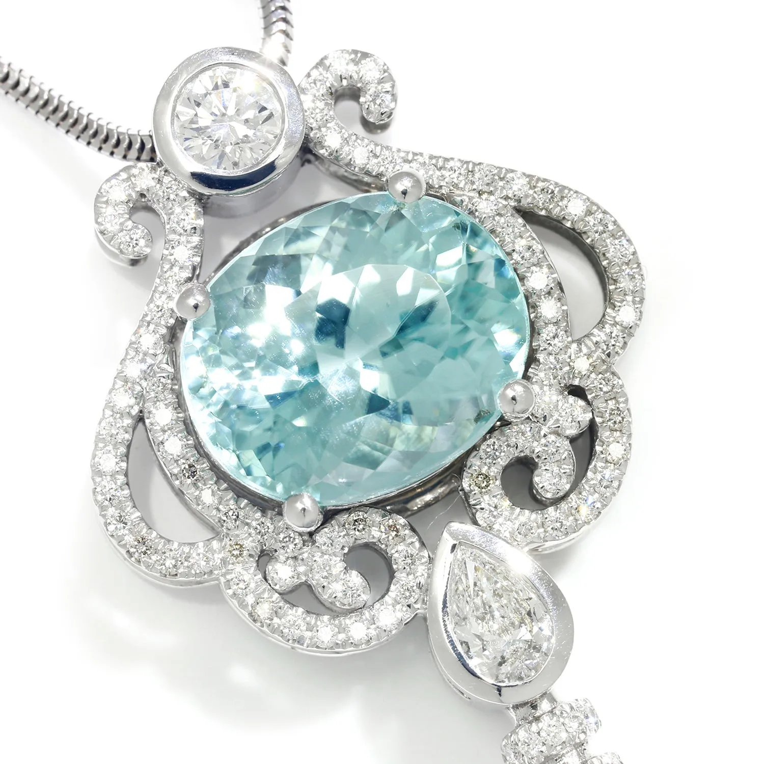 Aquamarine Key Pendant Necklace with Diamonds 14K White Gold