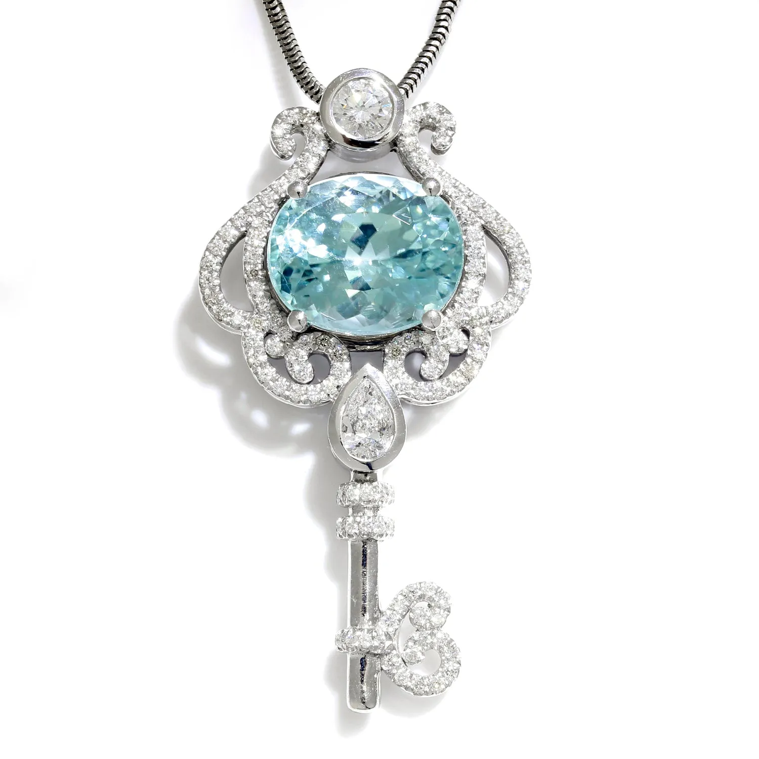 Aquamarine Key Pendant Necklace with Diamonds 14K White Gold