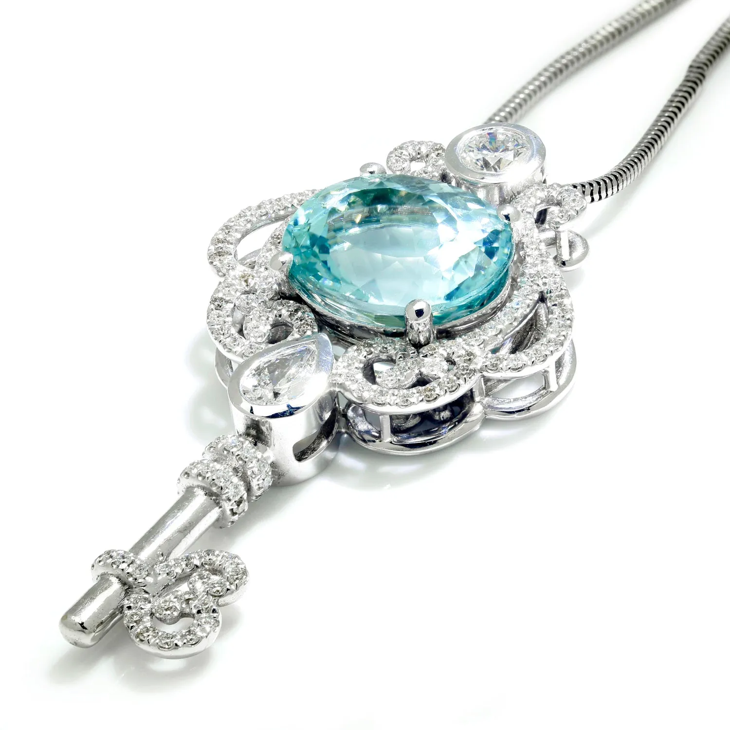 Aquamarine Key Pendant Necklace with Diamonds 14K White Gold