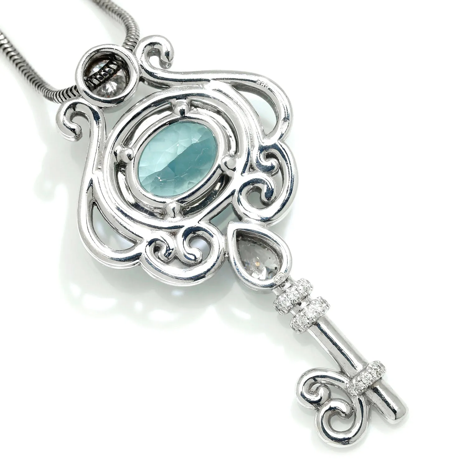 Aquamarine Key Pendant Necklace with Diamonds 14K White Gold