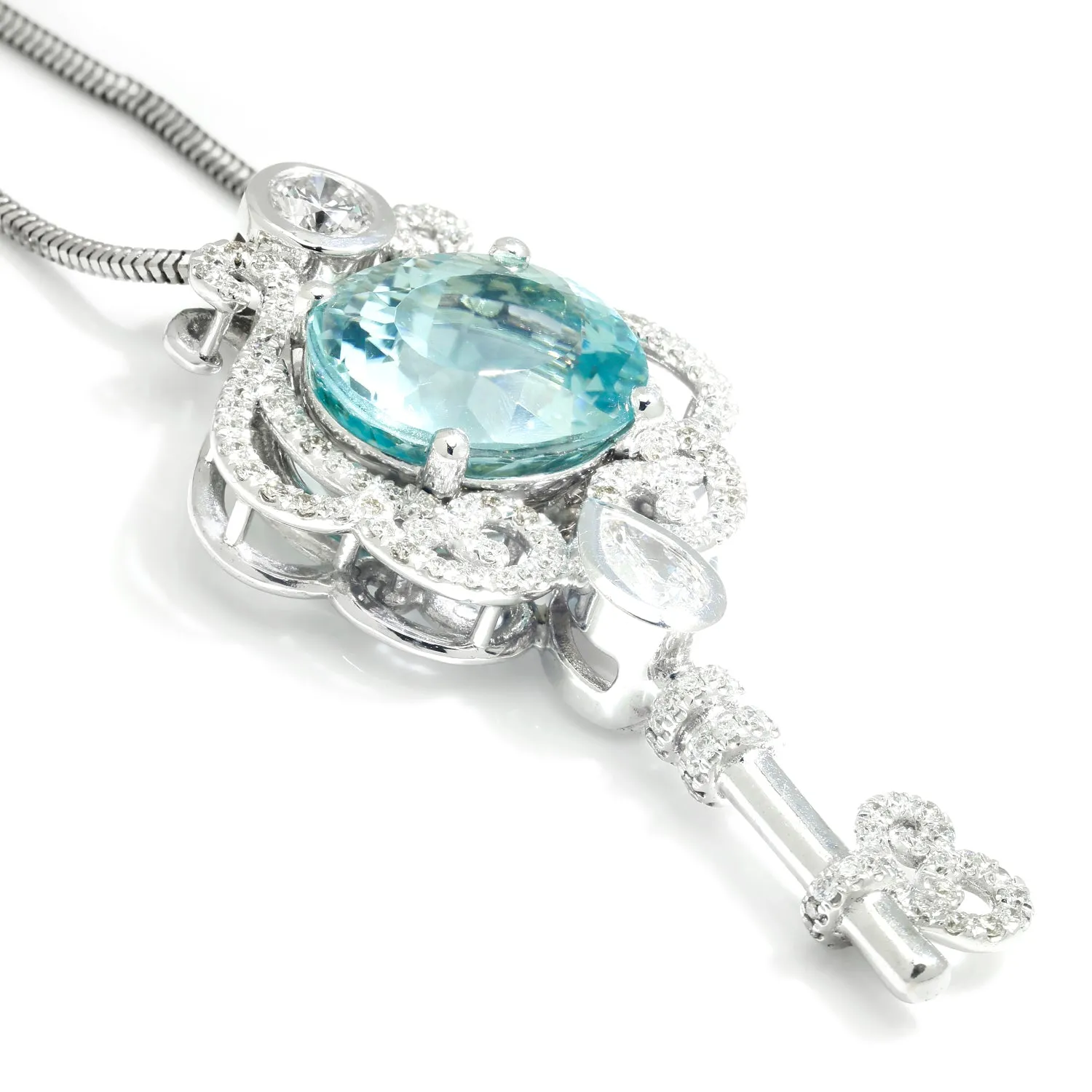 Aquamarine Key Pendant Necklace with Diamonds 14K White Gold