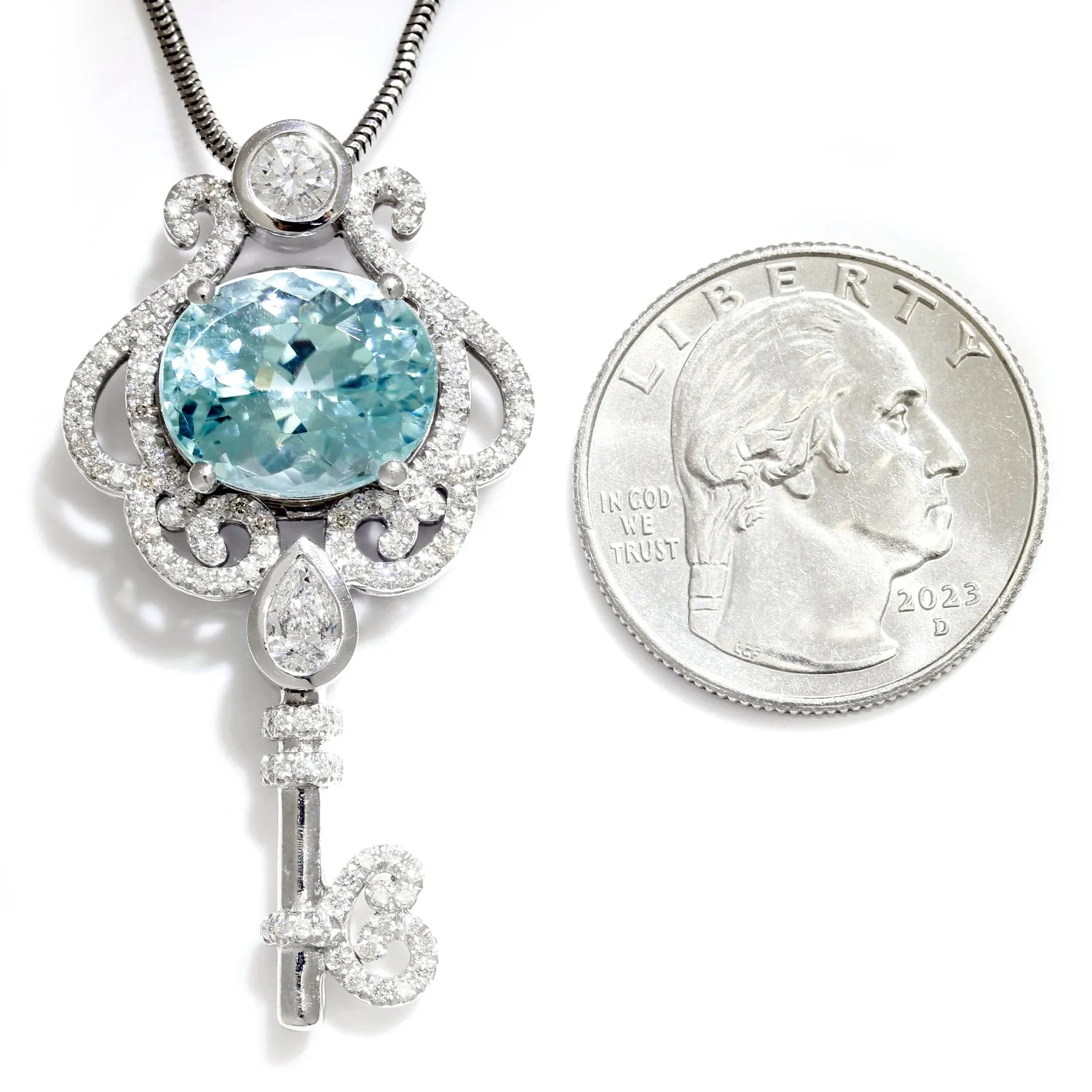 Aquamarine Key Pendant Necklace with Diamonds 14K White Gold