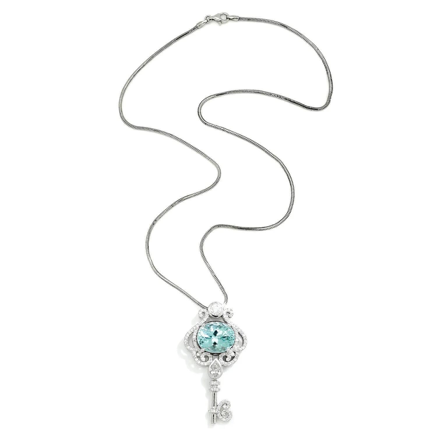 Aquamarine Key Pendant Necklace with Diamonds 14K White Gold