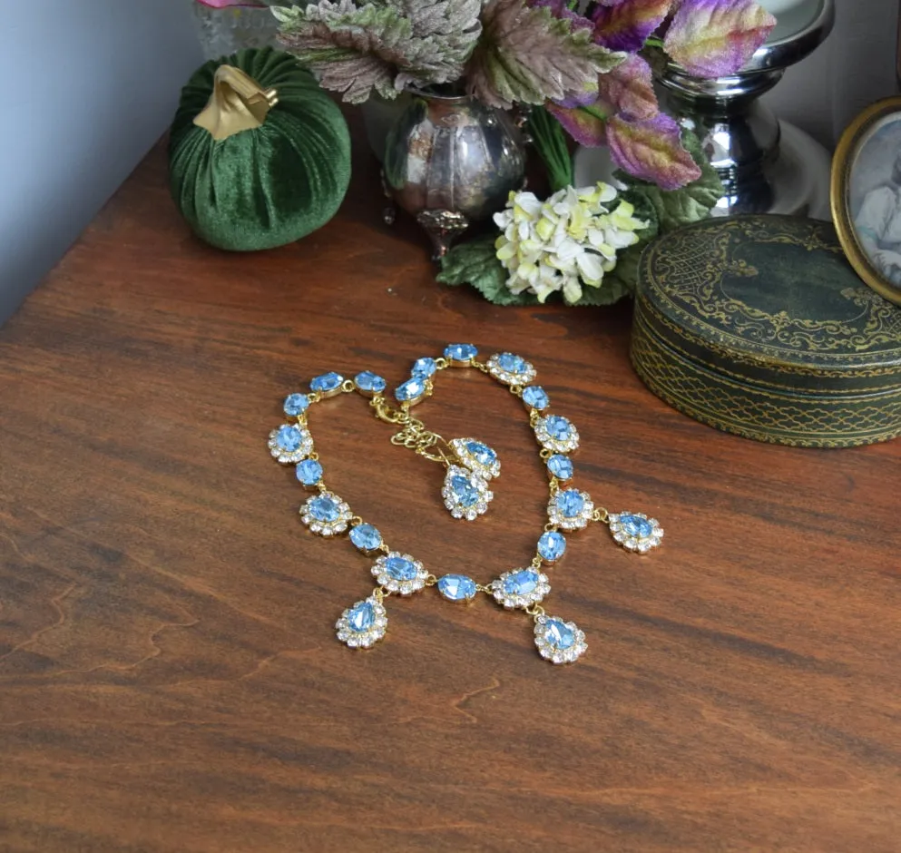 Aquamarine Swarovski Halo Necklace with Teardrops - Medium Oval