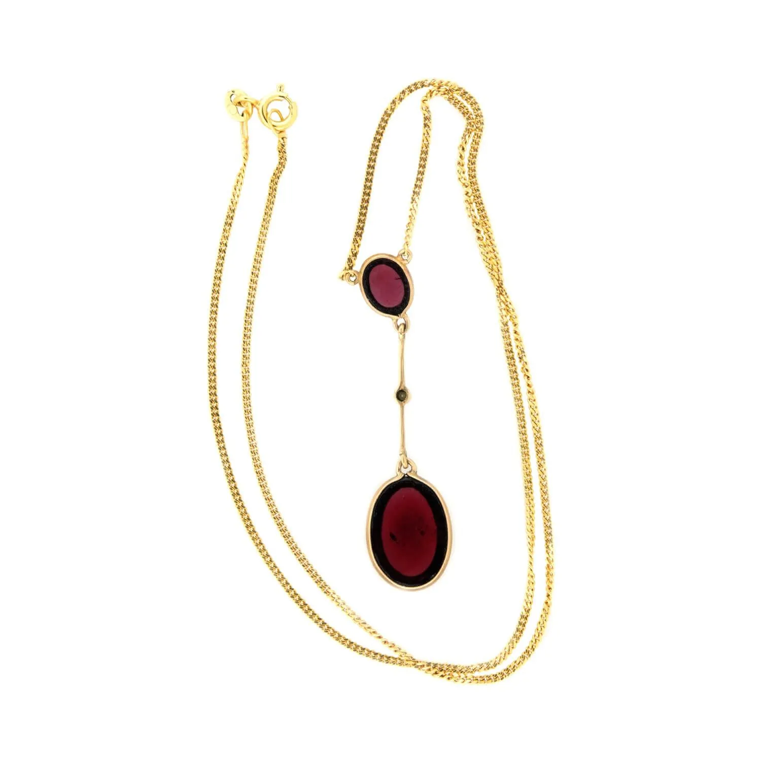 Art Nouveau 9k Garnet and Pearl Dangle Necklace and Earring Set