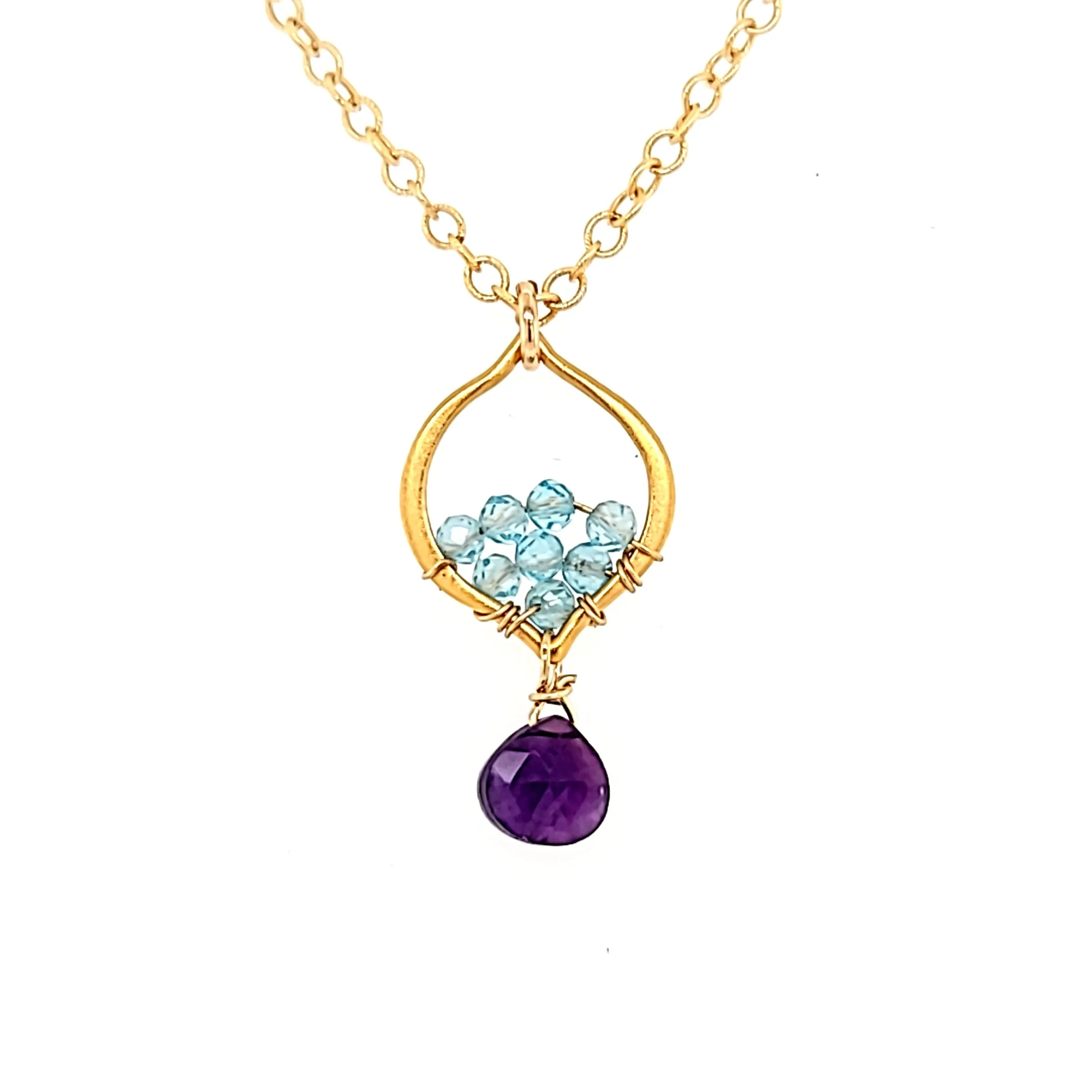 AVF Gold Filled Petite Moroccan Style Beaded Apatite & Amethyst Drop Necklace (SI3706)