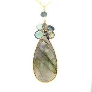 AVF Pear Shaped Labradorite, Kyanite, Aquamarine & Quartz Cluster Double Chain Necklace (SI3723)