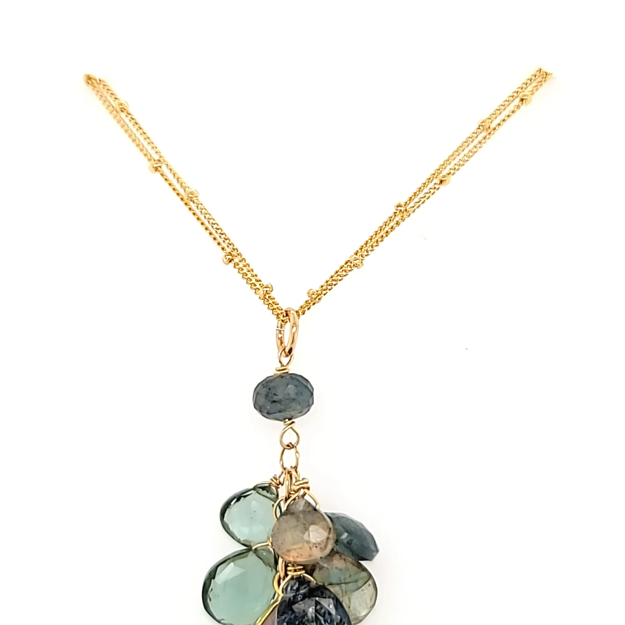 AVF Pear Shaped Labradorite, Kyanite, Aquamarine & Quartz Cluster Double Chain Necklace (SI3723)