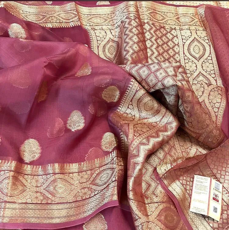 Banarasee Semi Kora Organza Sari in Punch Pink