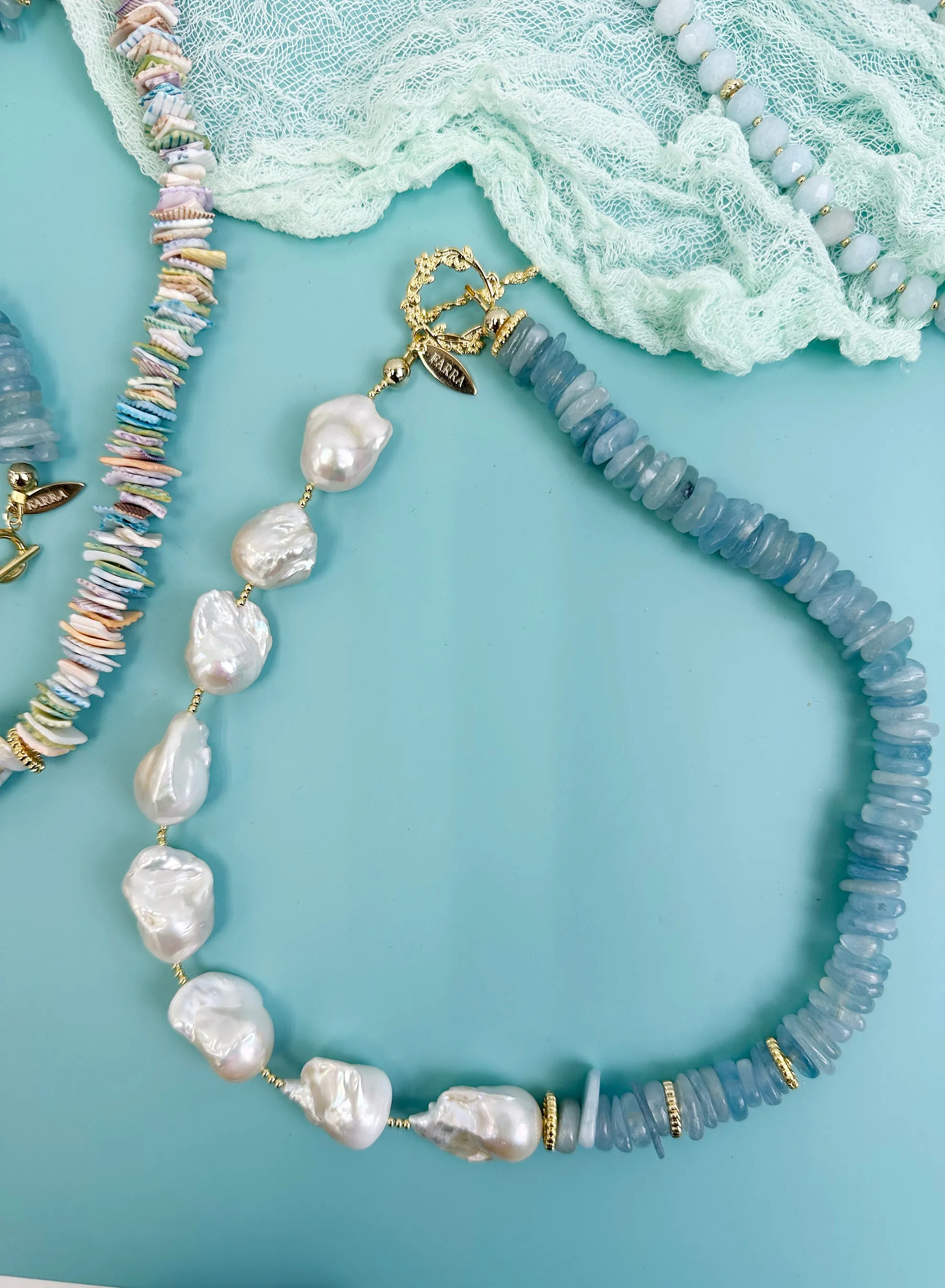 Baroque Pearls with Aquamarine Necklace JN043