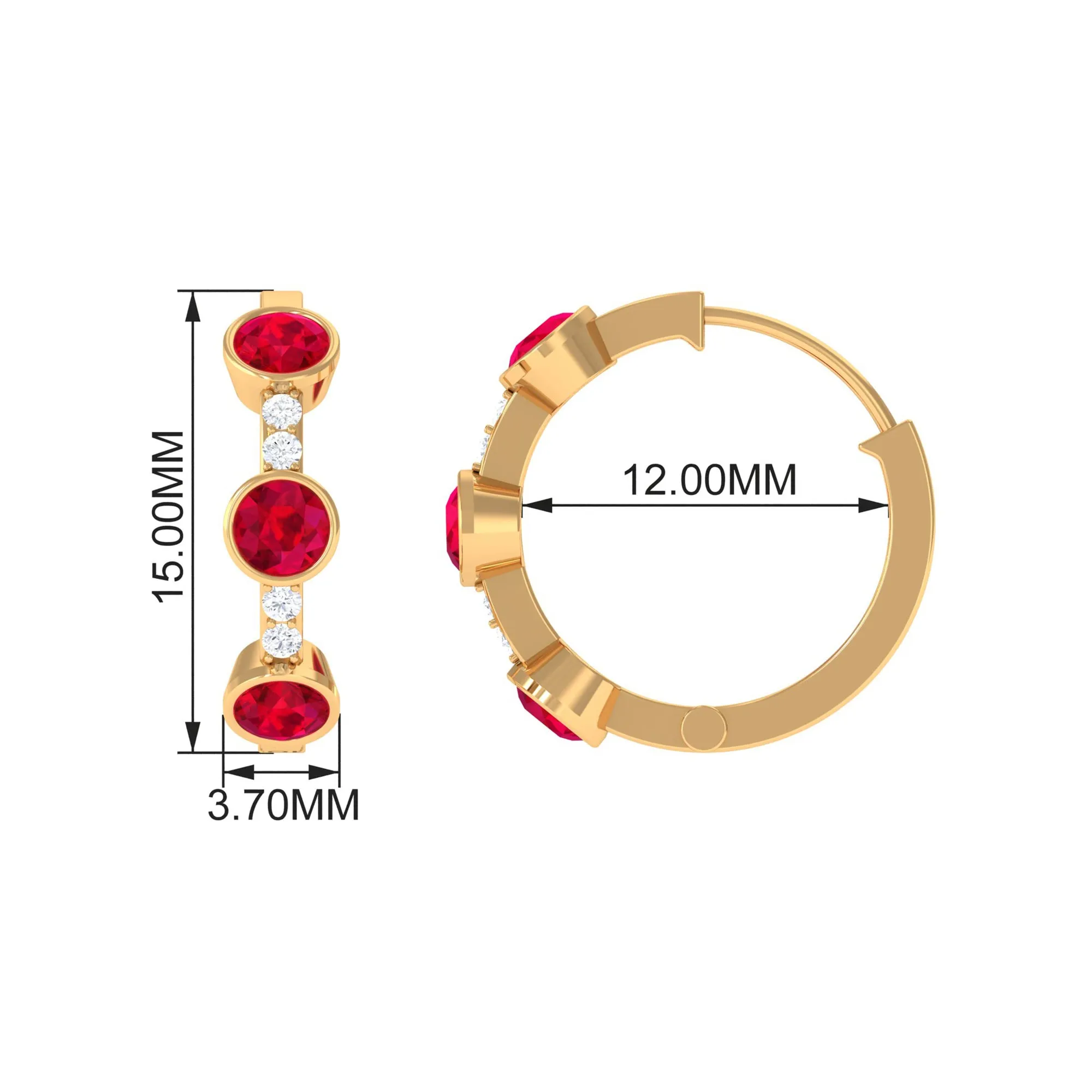 Bezel Set Created Ruby 3 Stone Hinged Hoop Earrings with Diamond