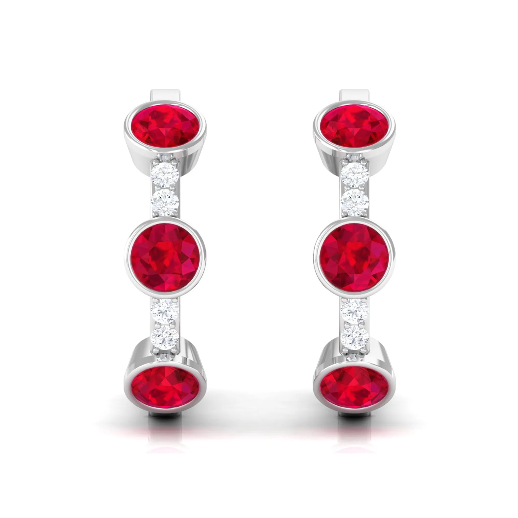 Bezel Set Created Ruby 3 Stone Hinged Hoop Earrings with Diamond