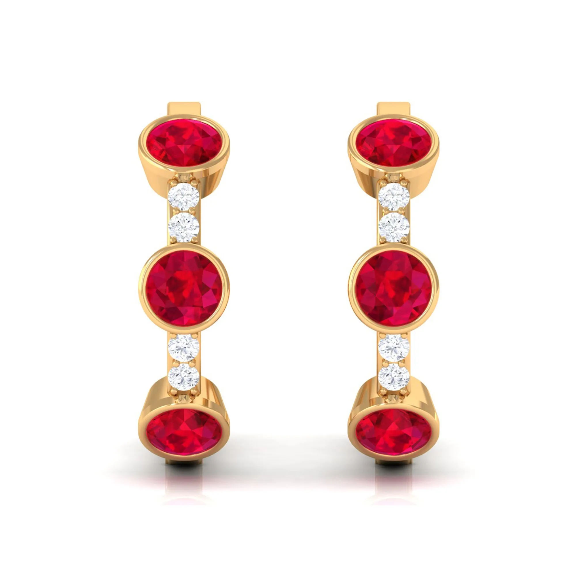 Bezel Set Created Ruby 3 Stone Hinged Hoop Earrings with Diamond