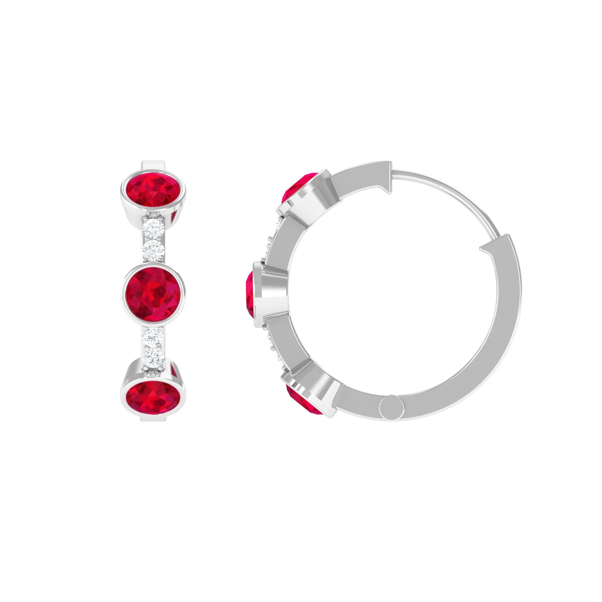 Bezel Set Created Ruby 3 Stone Hinged Hoop Earrings with Diamond