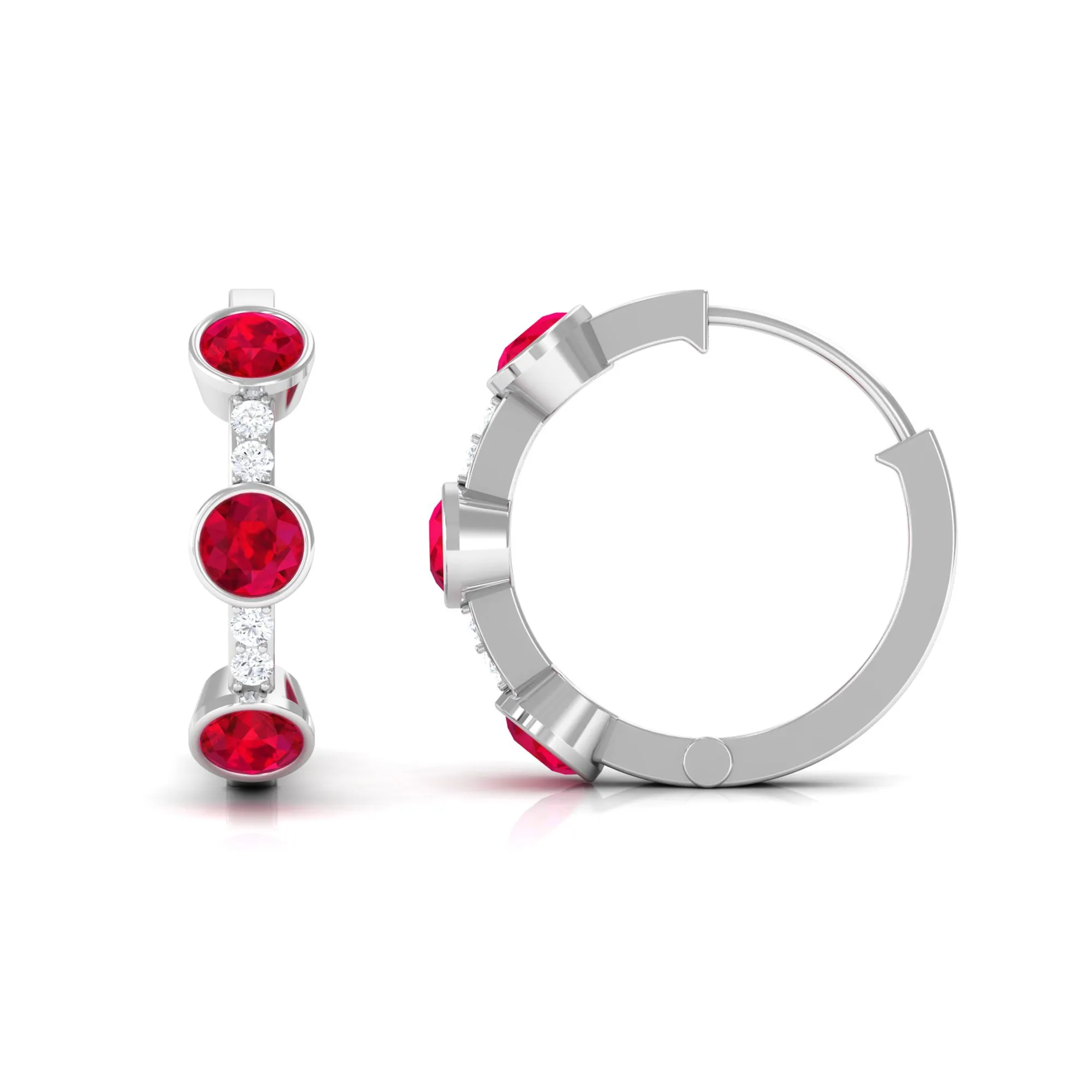 Bezel Set Created Ruby 3 Stone Hinged Hoop Earrings with Diamond