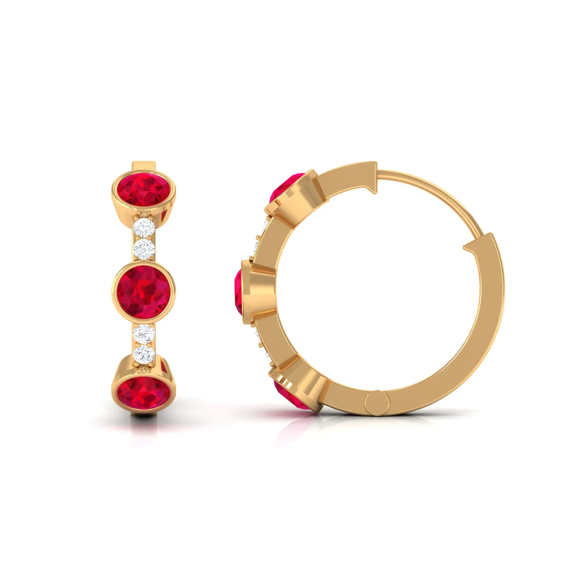 Bezel Set Created Ruby 3 Stone Hinged Hoop Earrings with Diamond