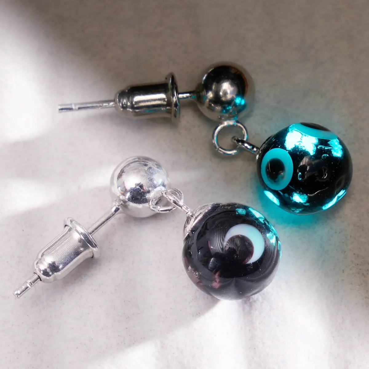 Black | .925 Sterling Silver | Firefly Glass Evil Eye Drop Stud Earrings