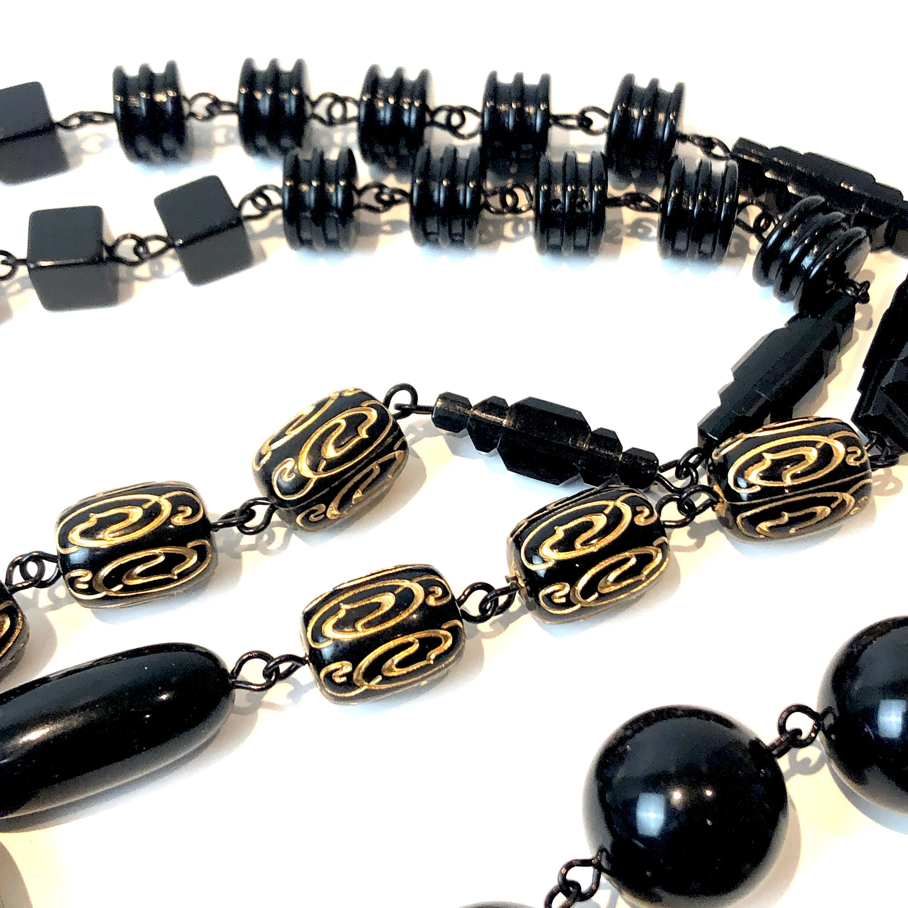 Black & Gold Etched Rosary-chained Rope Necklace