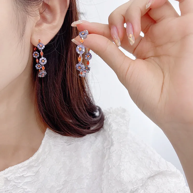 Black bottom hoops, colorful zircon silver needle earrings, flower earrings