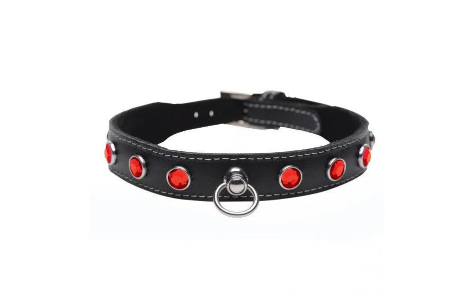 Bling Vixen Leather Choker w Red Rhinestones