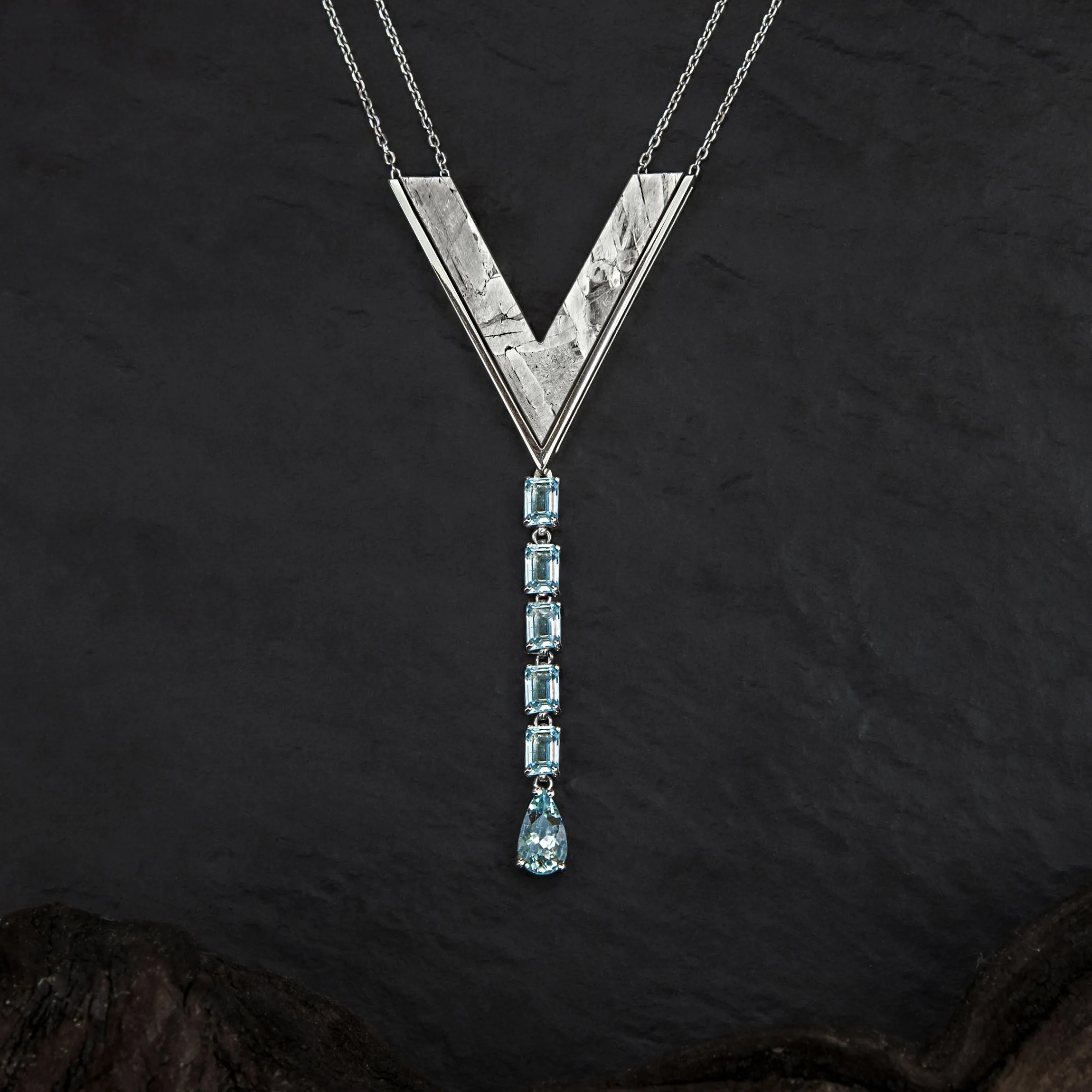 Cascade Waterfall Series Necklace - Seymchan Meteorite, Aquamarine