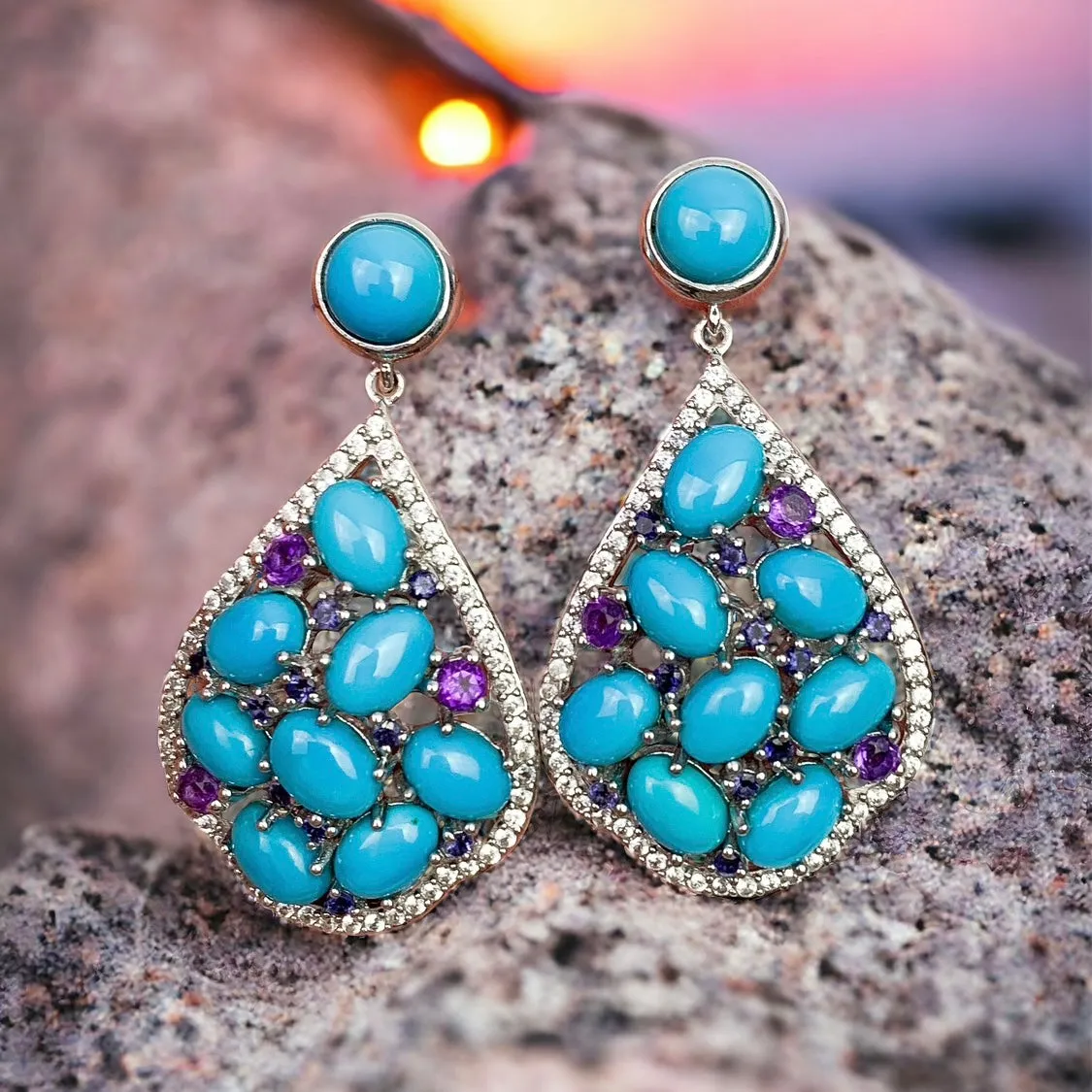 Celestial Grace Earrings: Sleeping Beauty Turquoise, Amethyst, Iolite & Zircon