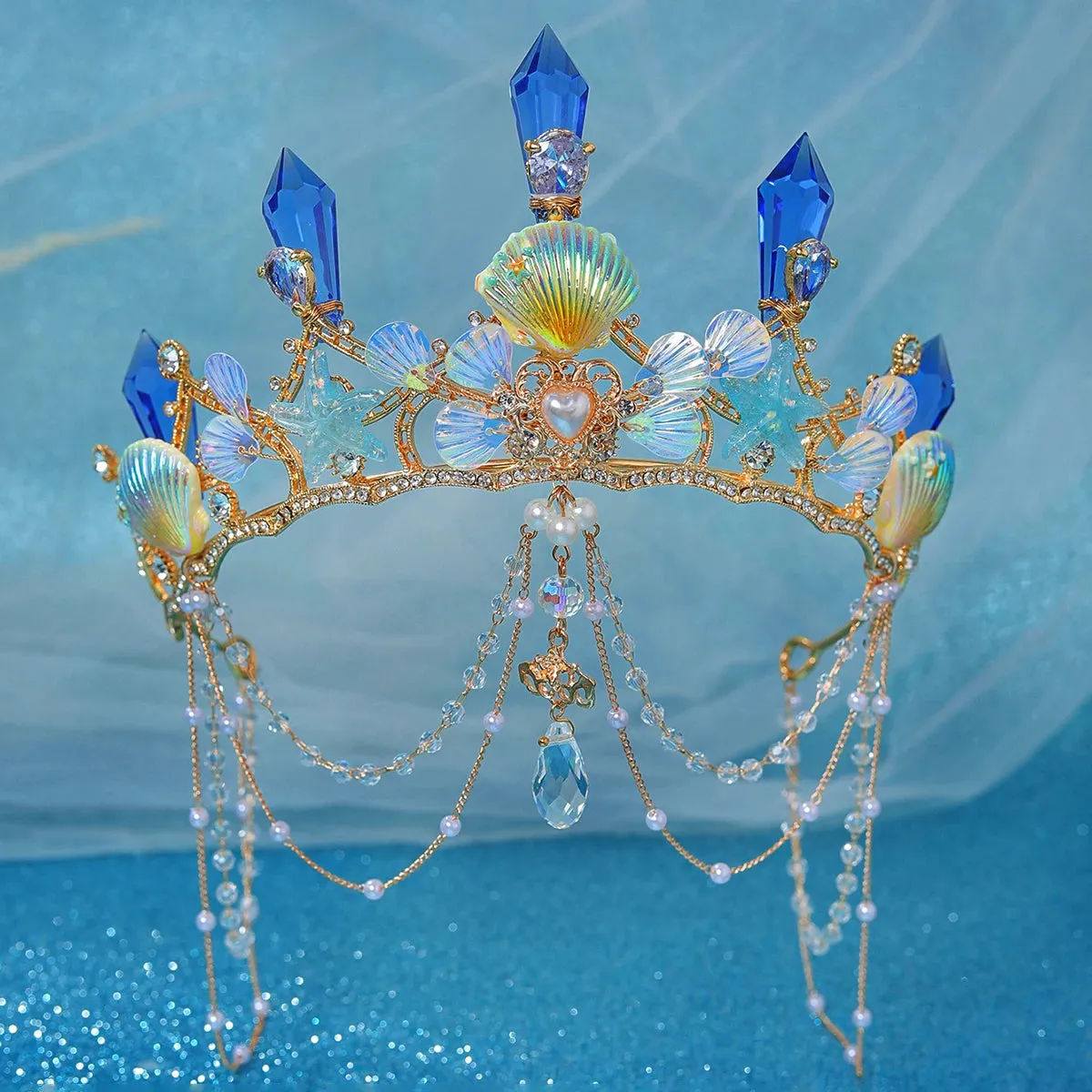 Crystal Rhinestone Sea Shell Tiara Crowns  Handmade Tassel Pearls Princess Party Hair Accessory