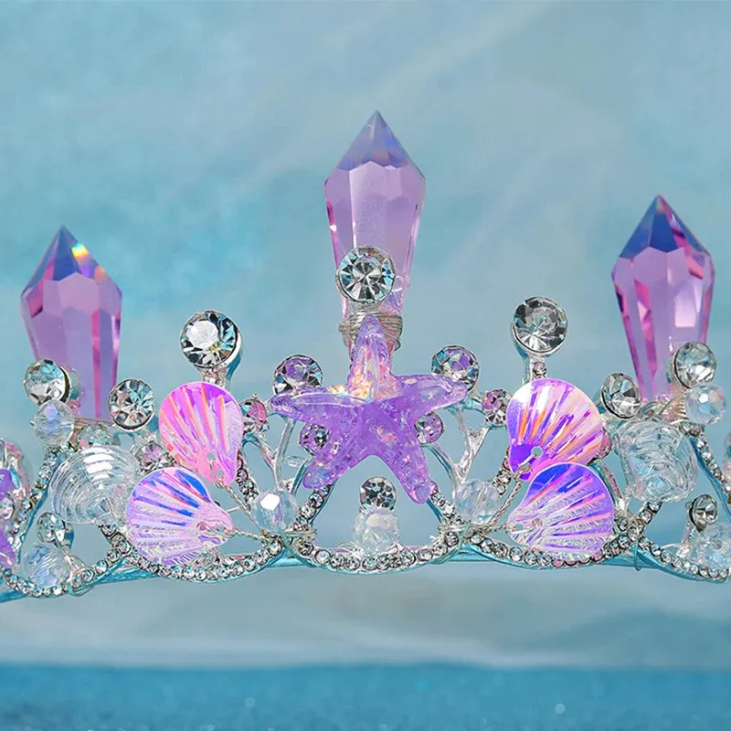 Crystal Rhinestone Sea Shell Tiara Crowns  Handmade Tassel Pearls Princess Party Hair Accessory