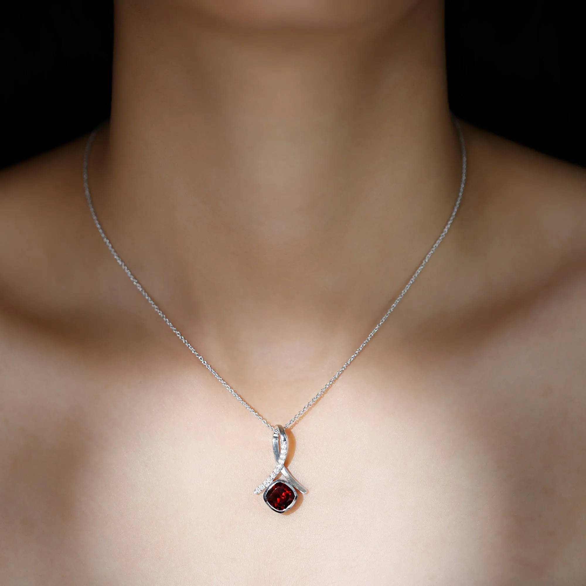 Cushion Cut Garnet Solitaire Pendant with Diamond Twisted Bail