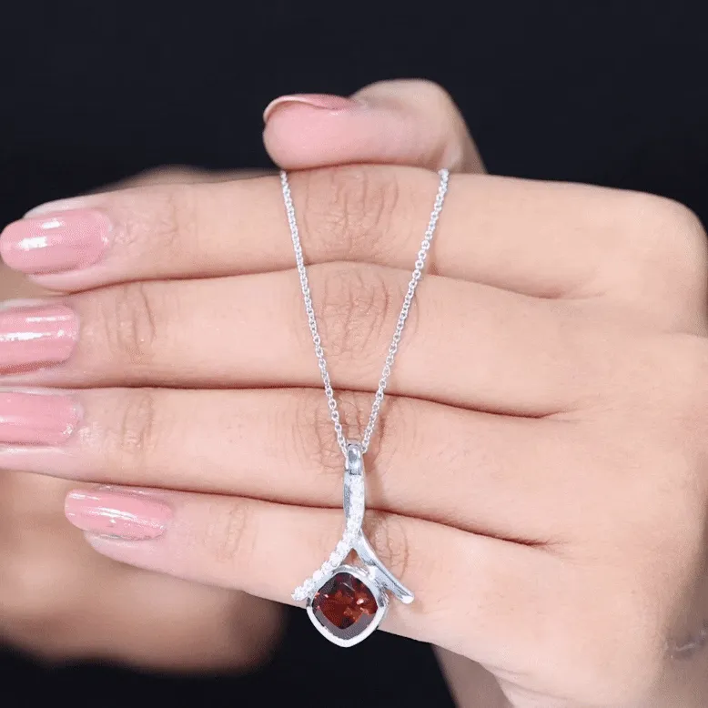 Cushion Cut Garnet Solitaire Pendant with Diamond Twisted Bail