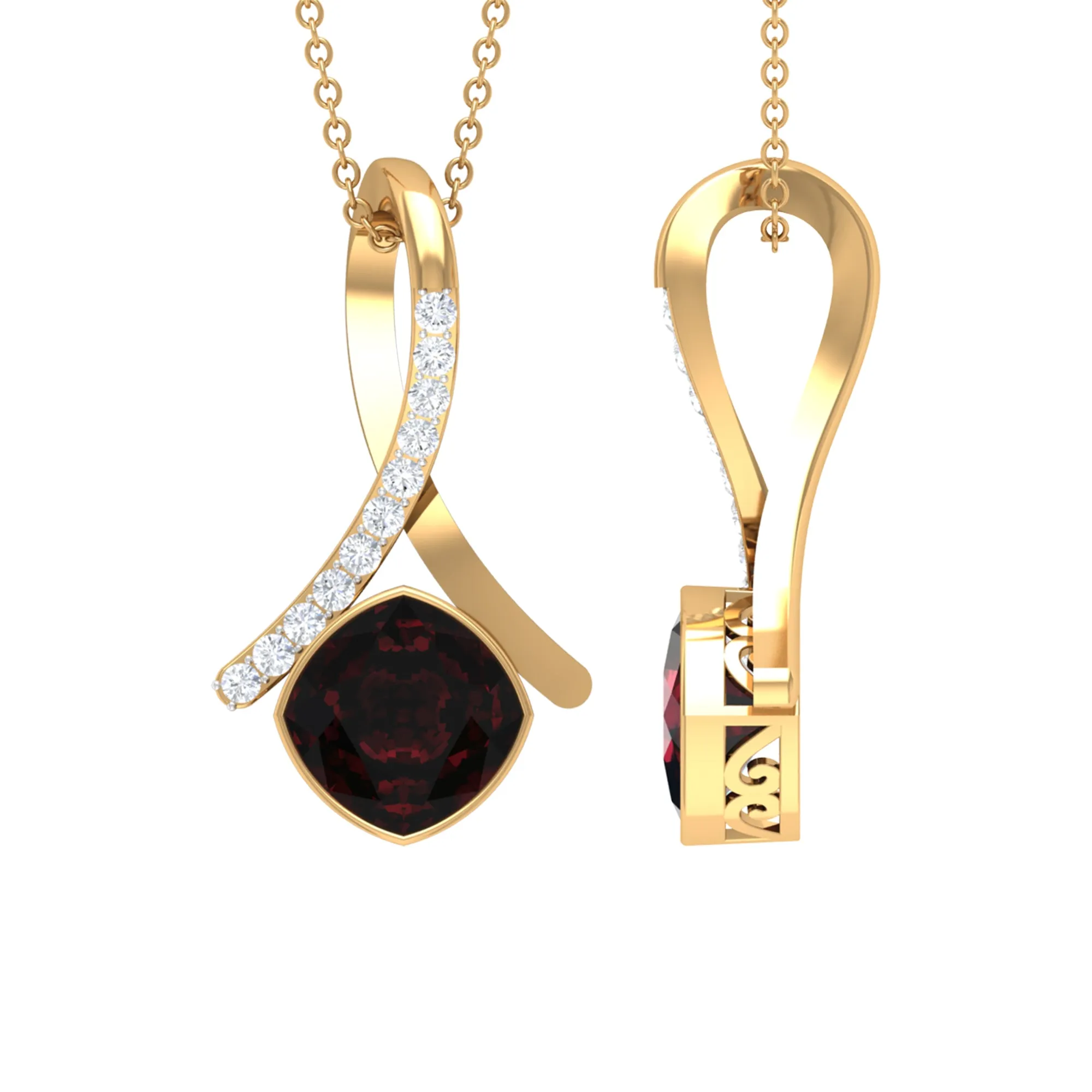 Cushion Cut Garnet Solitaire Pendant with Diamond Twisted Bail