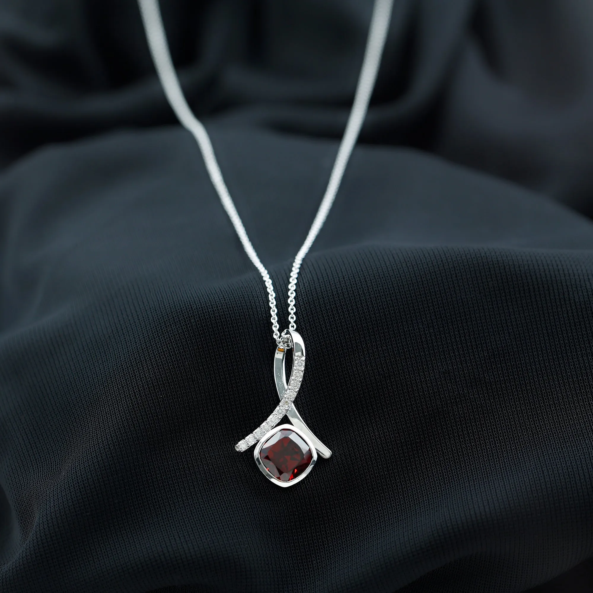 Cushion Cut Garnet Solitaire Pendant with Diamond Twisted Bail