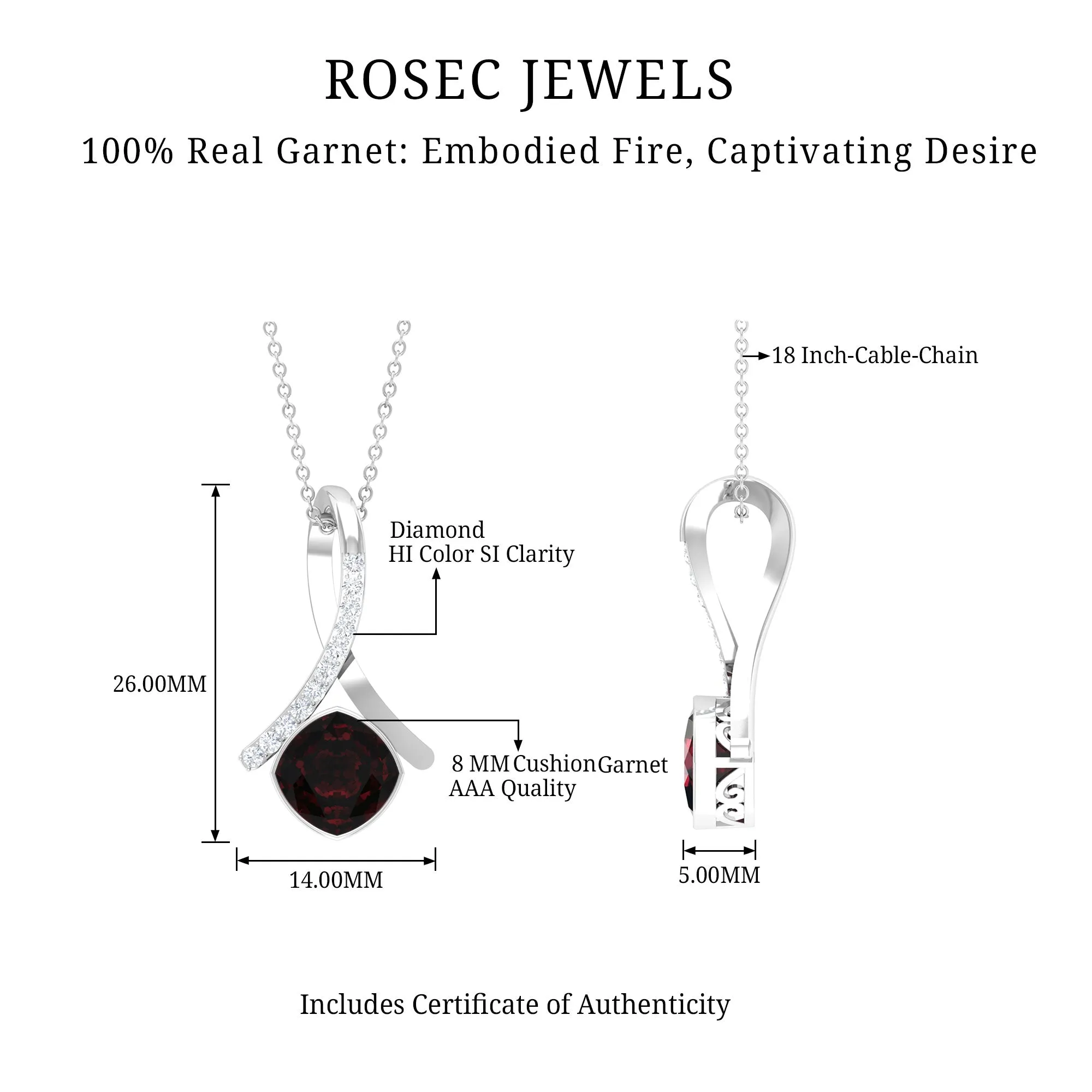 Cushion Cut Garnet Solitaire Pendant with Diamond Twisted Bail