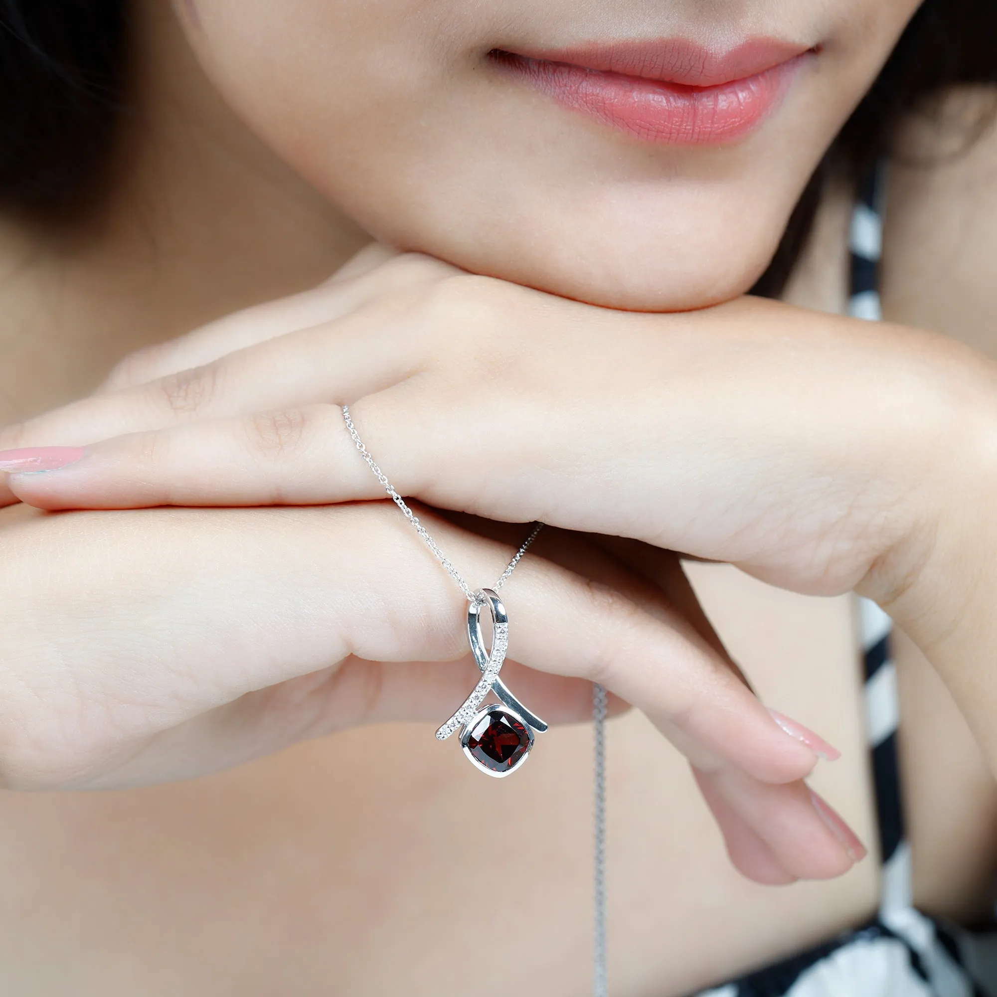 Cushion Cut Garnet Solitaire Pendant with Diamond Twisted Bail