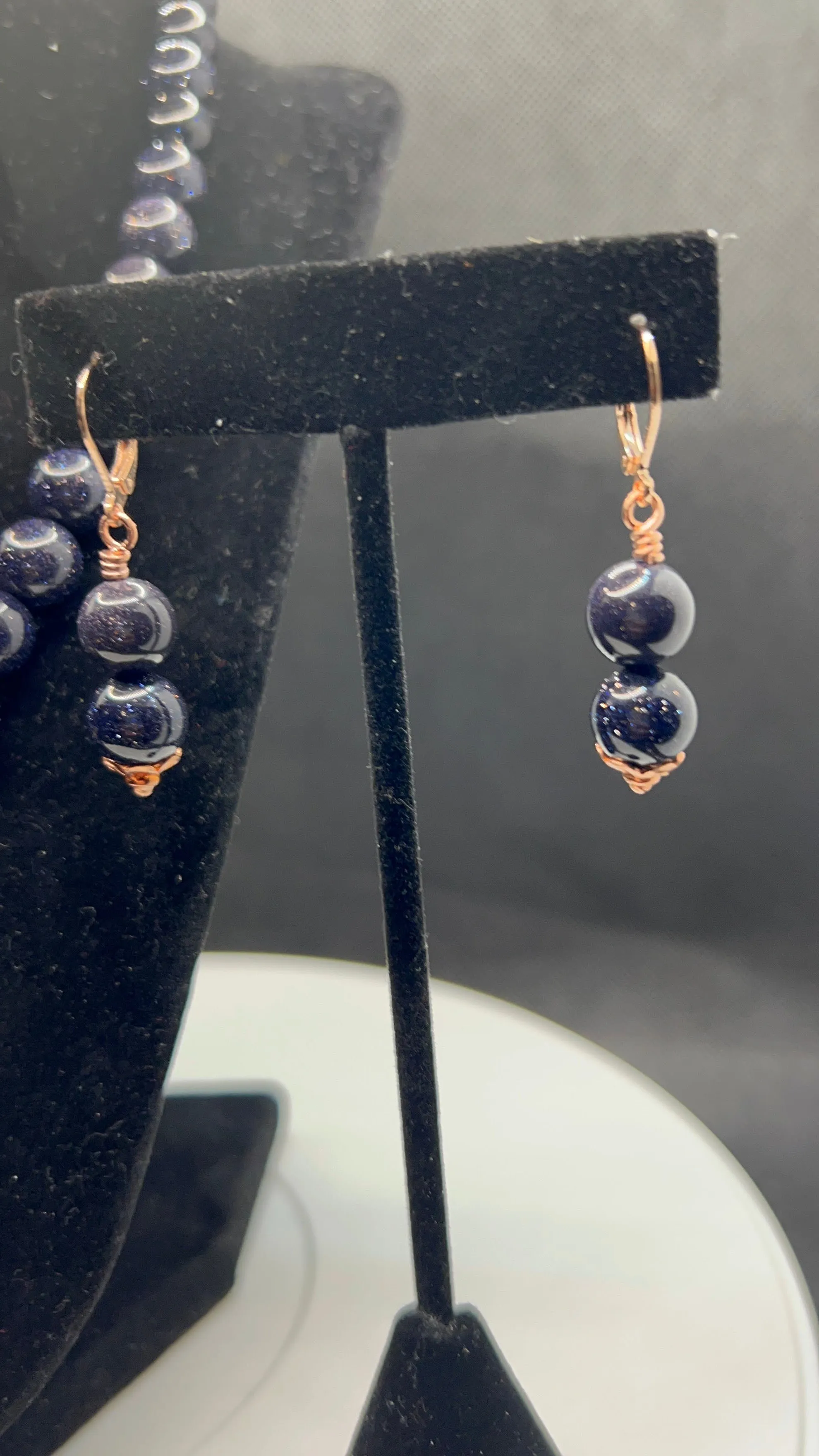 Dark Blue Goldstone Beaded Necklace with Rose Gold and Earrings