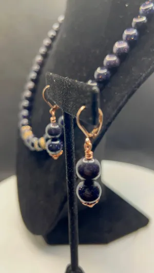 Dark Blue Goldstone Beaded Necklace with Rose Gold and Earrings